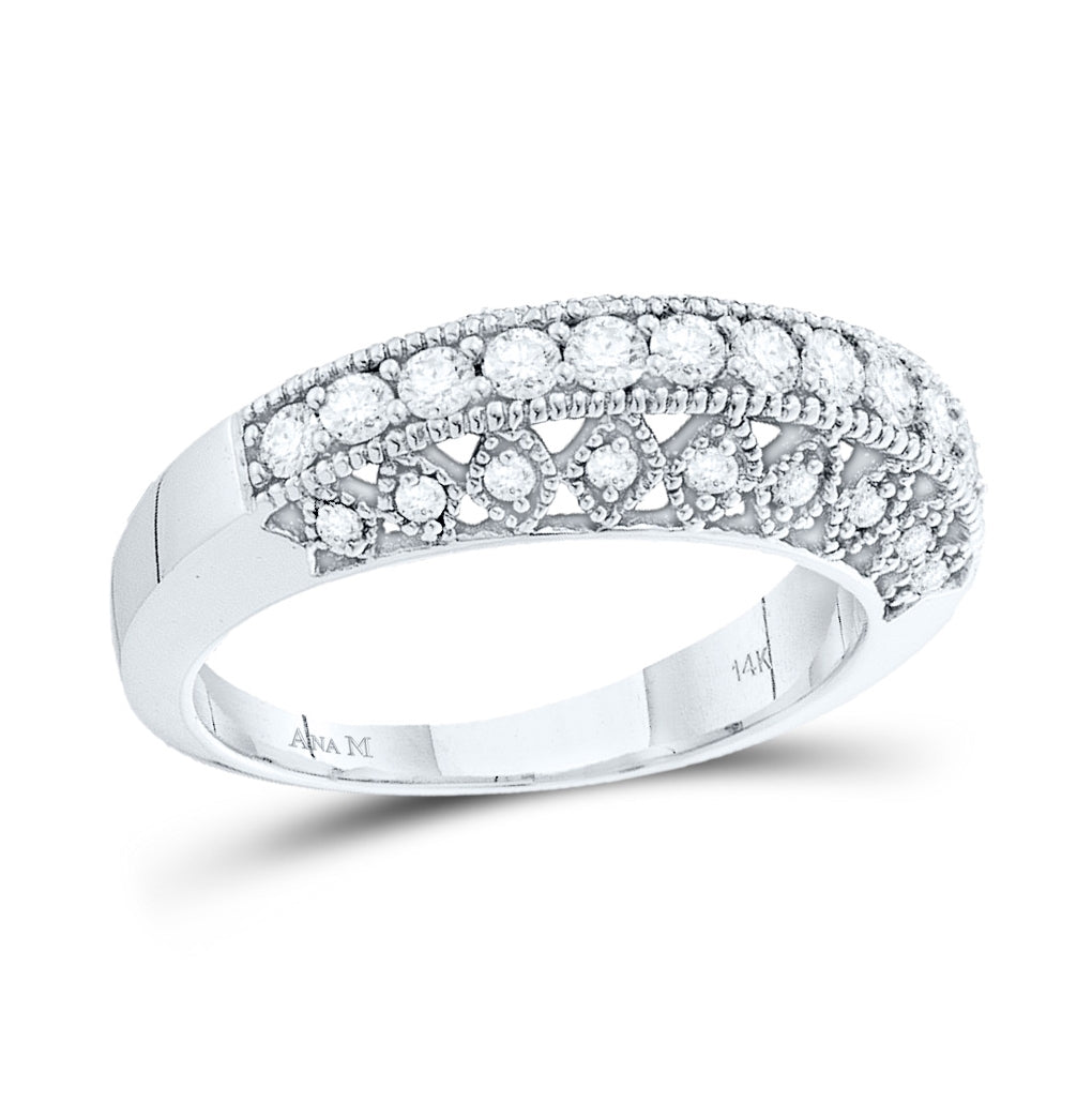 14kt White Gold Womens Round Diamond Single Row Milgrain Band Ring 1/2 Cttw