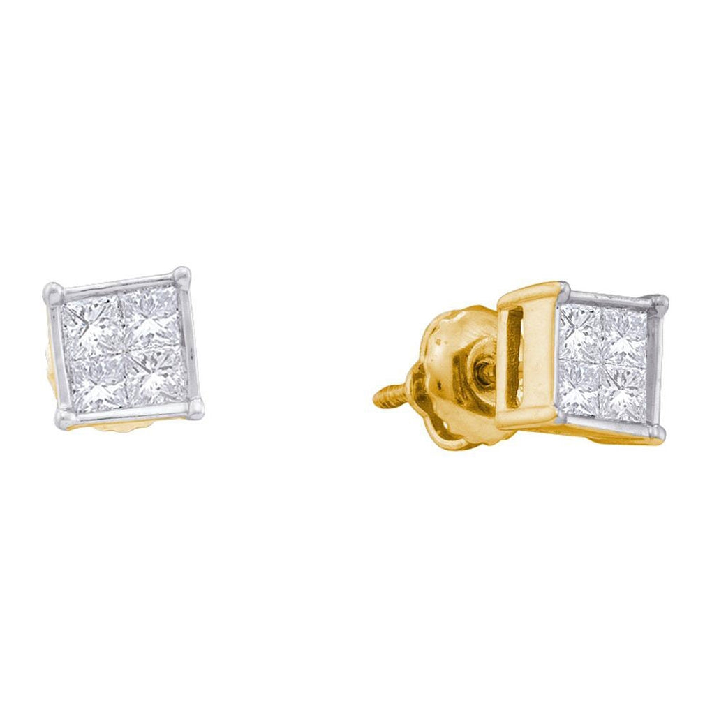 14kt Yellow Gold Womens Princess Diamond Square Cluster Stud Earrings 1/2 Cttw