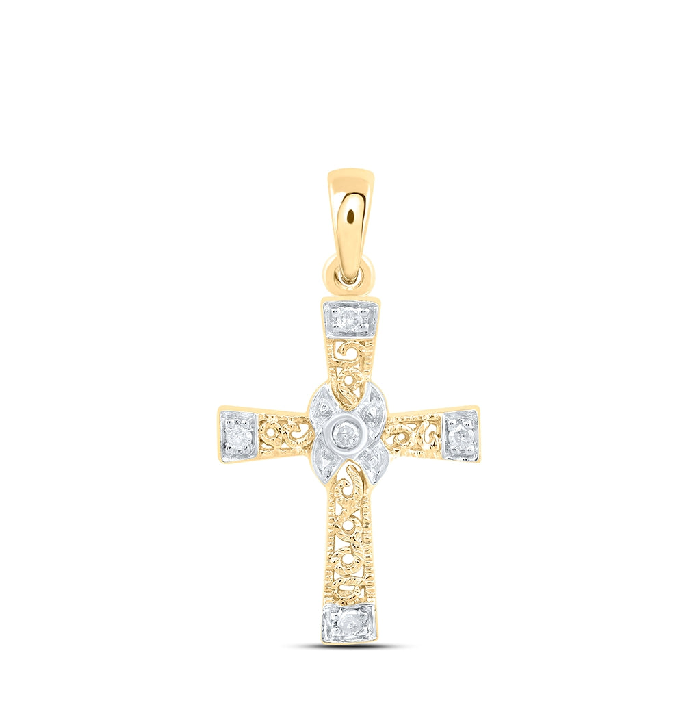 10K Yellow Gold Womens Round Diamond Bounded Cross Pendant 1/20 Cttw