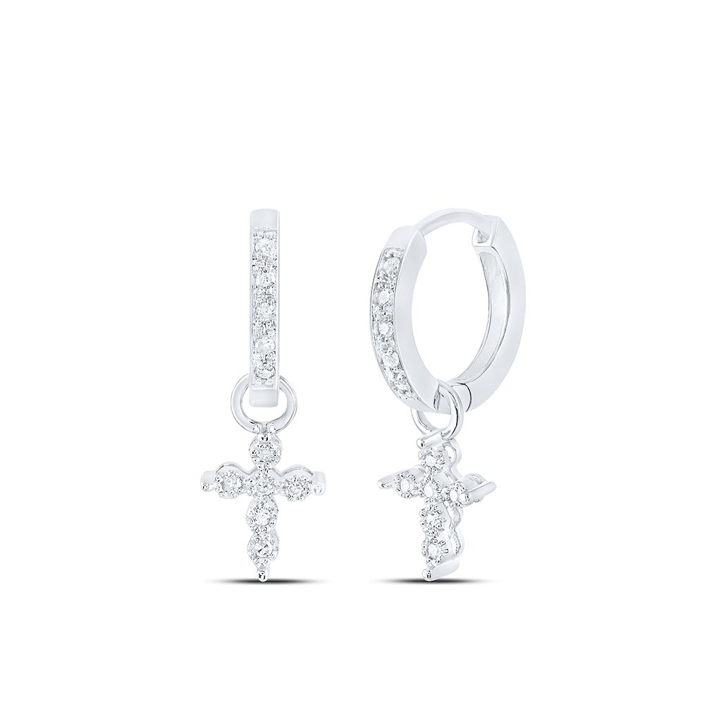 10K White Or Yellow Gold Womens Round Diamond Cross Hoop Dangle Earrings