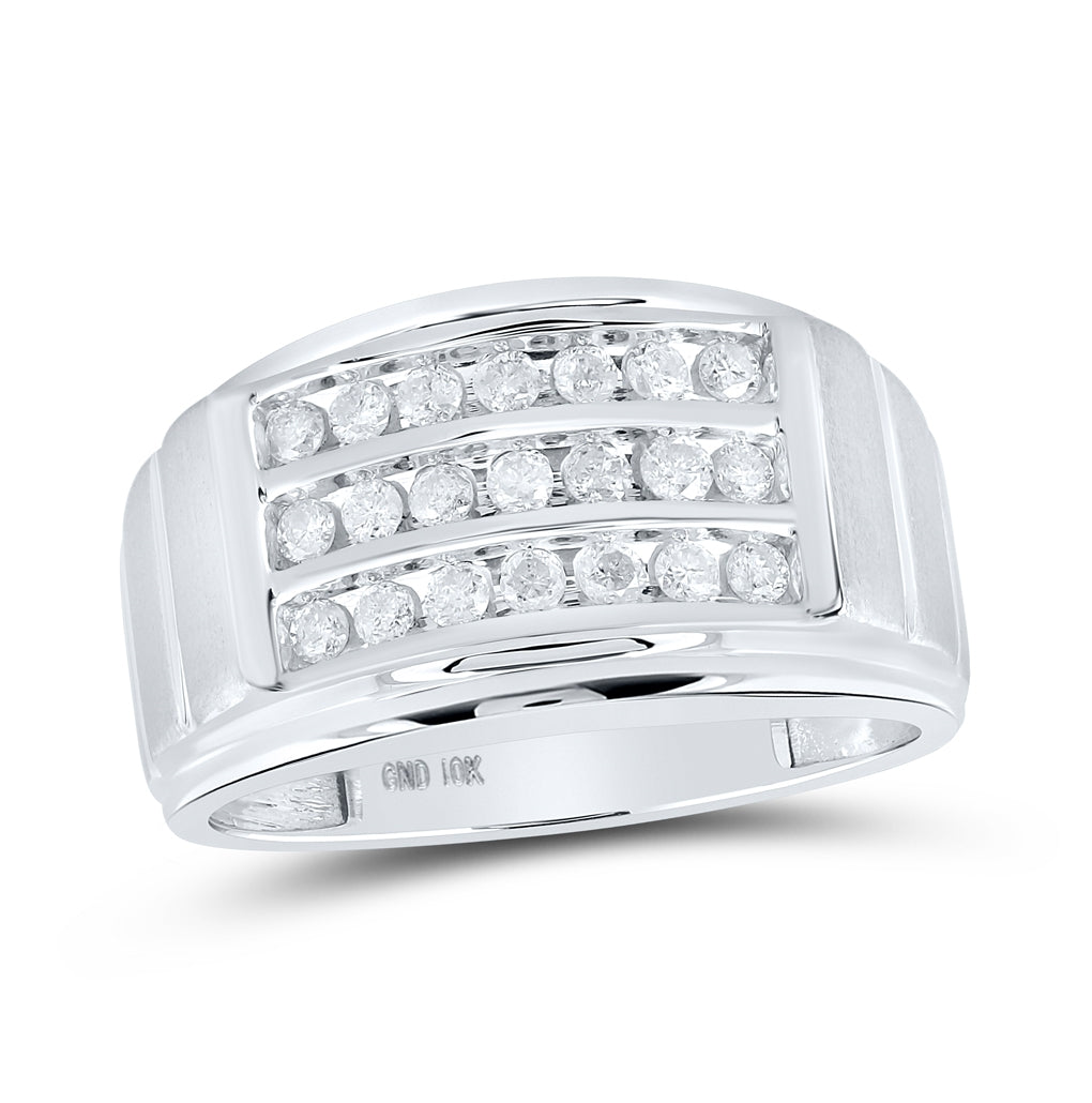 10K Yellow Or White Gold Mens Round Diamond Triple Row Band Ring 1/2 Cttw, Mens Size: 7-13