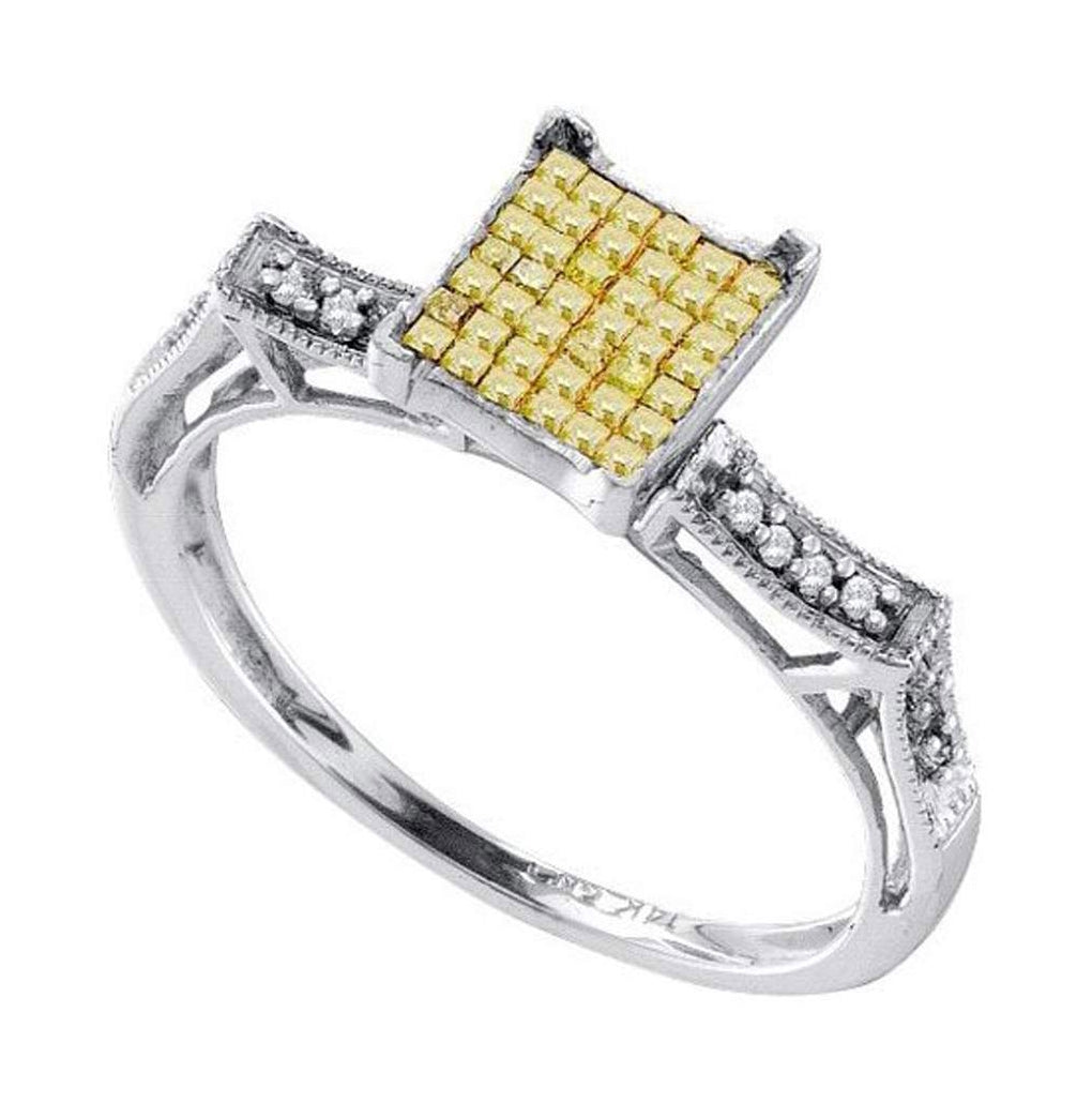 14kt White Gold Womens Princess Yellow Color Enhanced Diamond Fashion Ring 1/3 Cttw