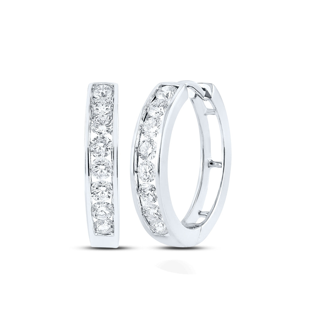 14K White Gold Womens Womens Round Channel-set Diamond Hoop Earrings 1.00 Cttw, Length: 0.74 In