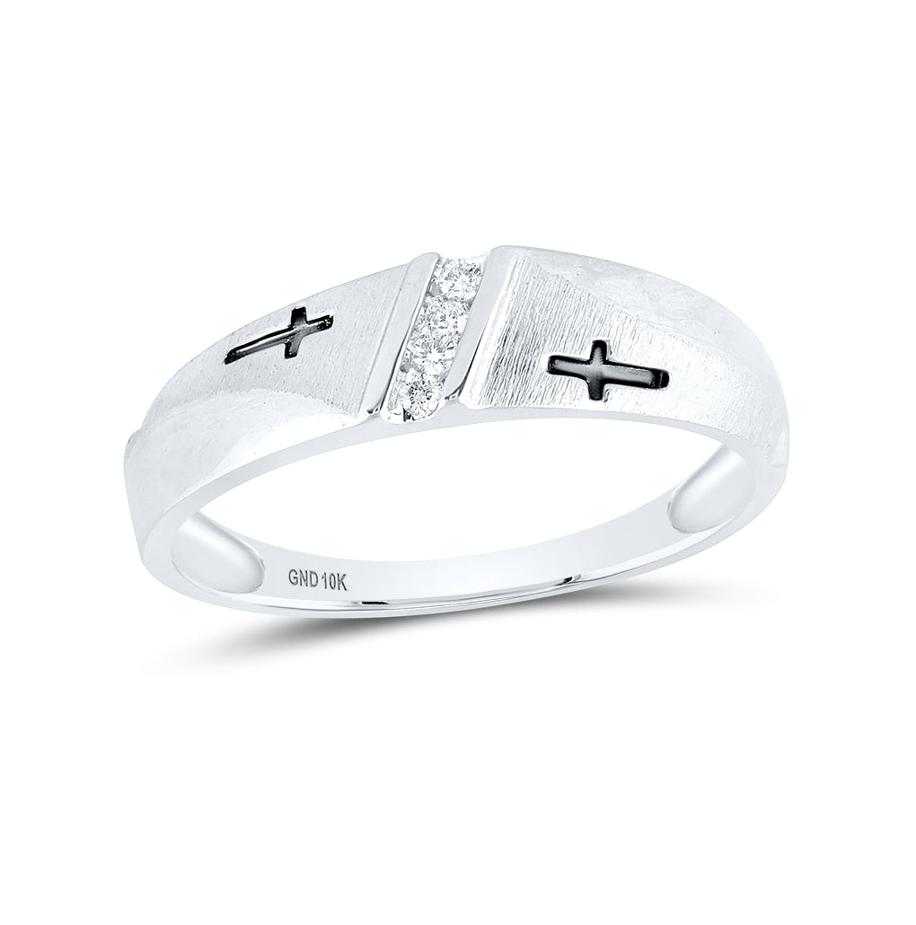 10K Yellow Or White Gold Mens Round Diamond Single Row Cross Wedding Band 1/20 Cttw, Mens Size: 7-13