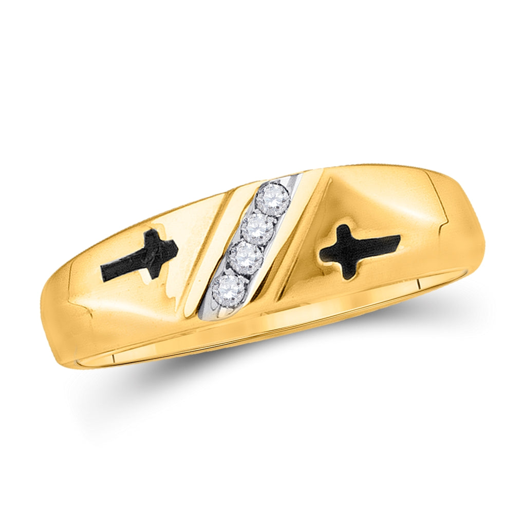 10K Yellow Or White Gold Mens Round Diamond Single Row Cross Wedding Band 1/20 Cttw, Mens Size: 7-13