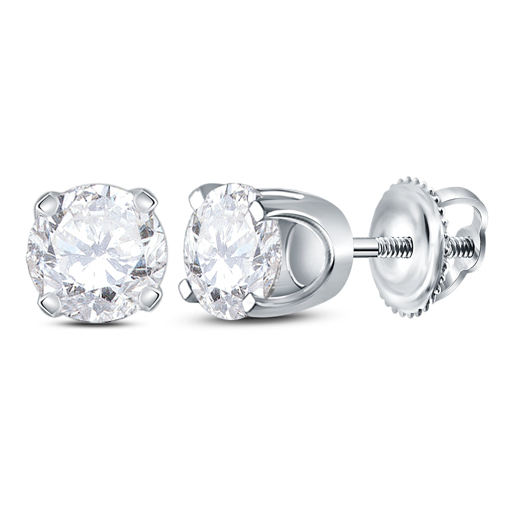 14K White Gold Unisex Round Diamond Solitaire Stud Earring 7/8ctw