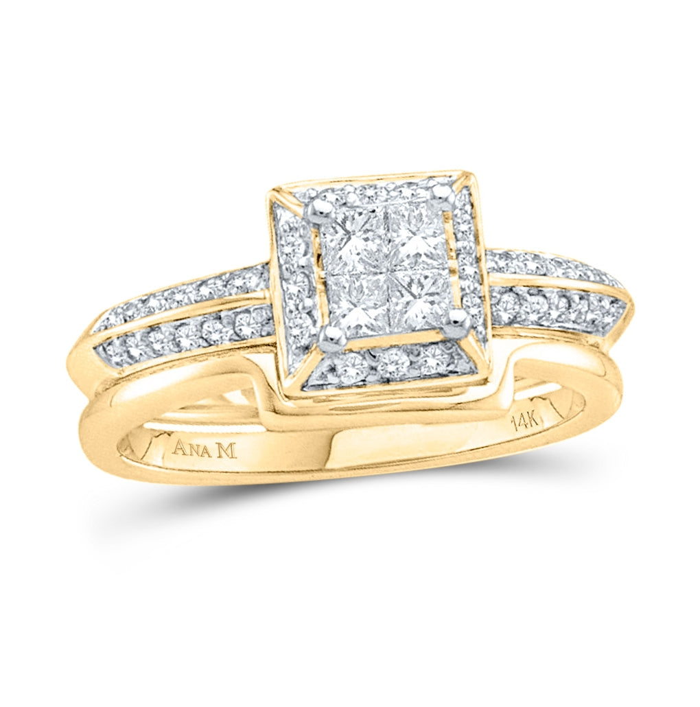14K Yellow Gold Princess Diamond Bridal Wedding Ring Band Set 1/2ctw, Womens Size: 5-10