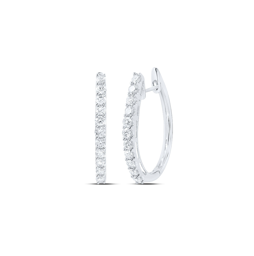 14K White Gold Womens Round Diamond Single Row Hoop Earrings 1ctw