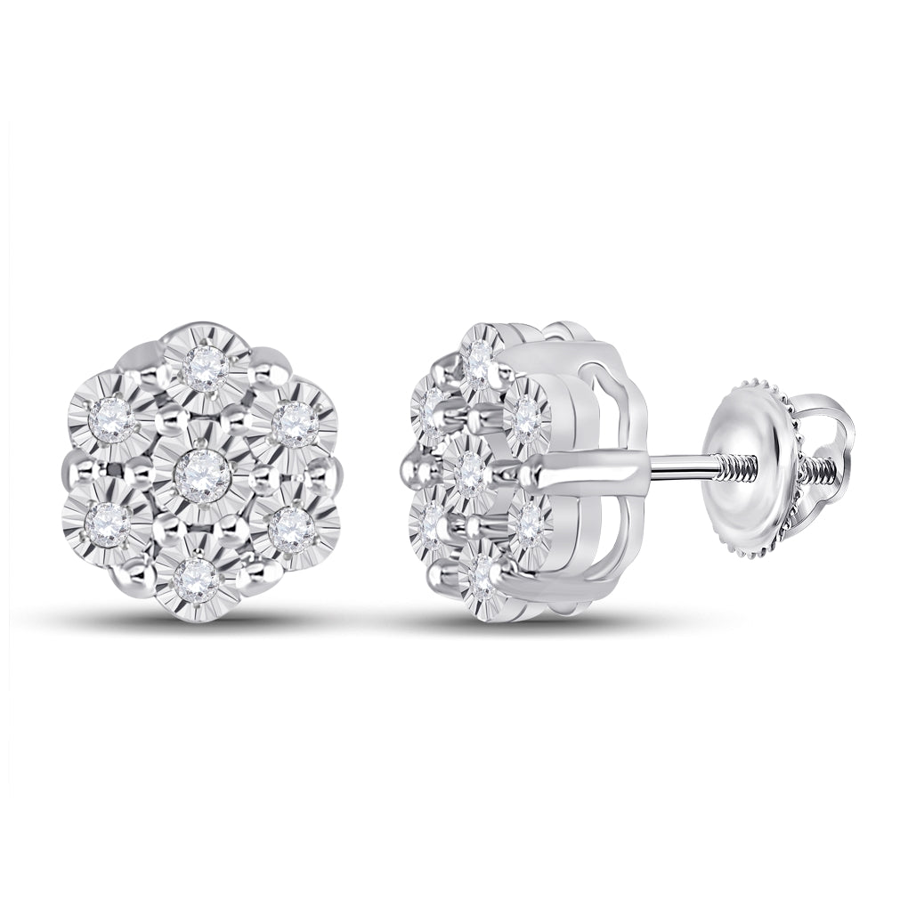 10K White Gold Womens Round Diamond Flower Cluster Earrings 1/10 Cttw, Length: 0.29 In, Width: 0.29 In