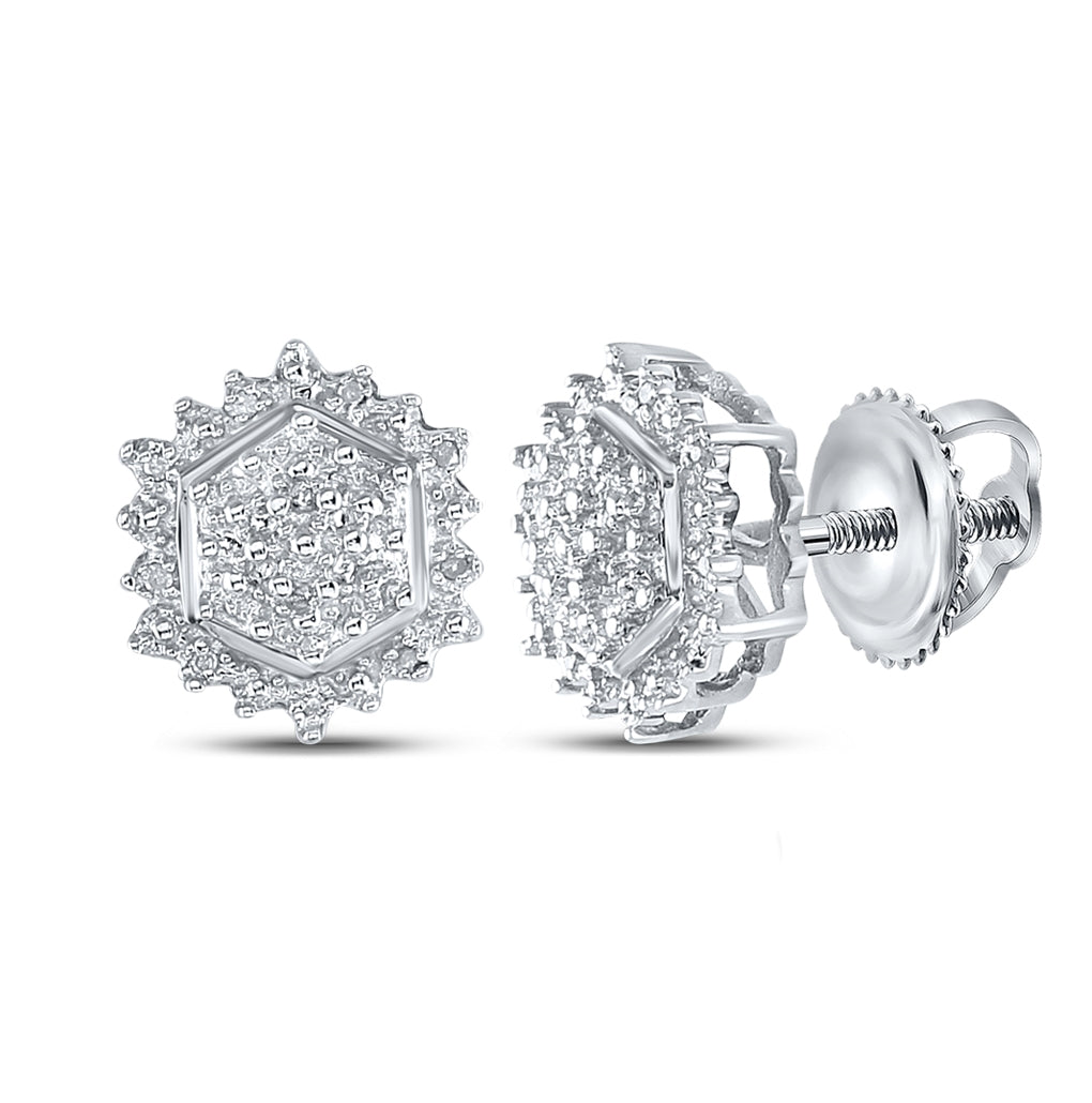 Sterling Silver Womens Round Diamond Hexagon Cluster Earrings 1/10ctw