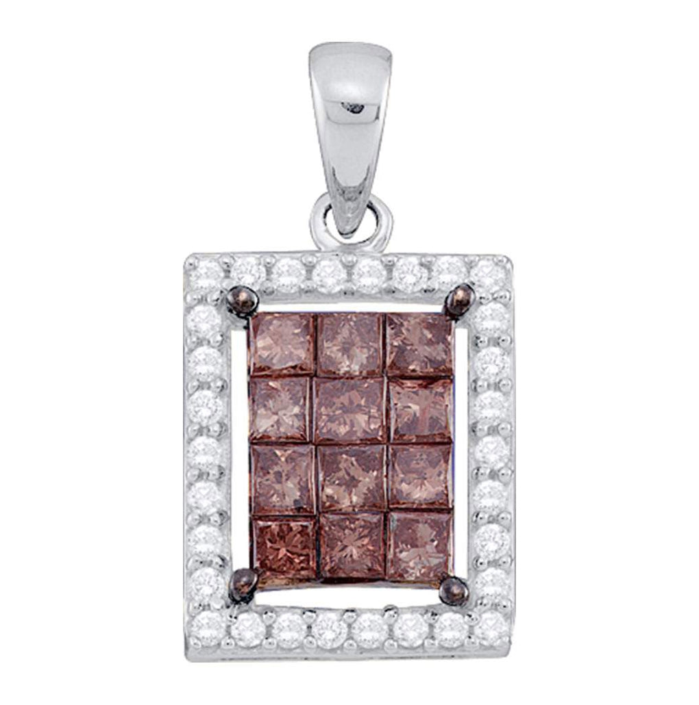 14kt White Gold Womens Princess Brown Diamond Emerald Cluster Pendant 1.00 Cttw