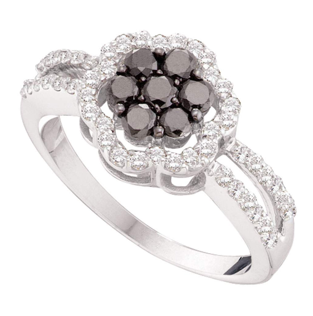 14kt White Gold Womens Round Black Color Enhanced Diamond Flower Cluster Ring 3/4 Cttw
