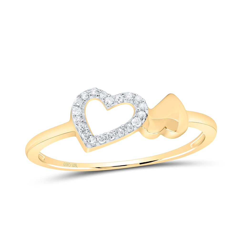 10K Yellow Or White Gold Womens Round Diamond Slender Double Heart Ring 1/20 Cttw, Womens Size: 5-10