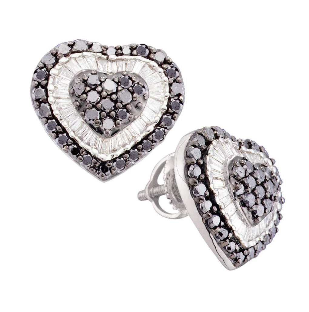 14kt White Gold Womens Round Black Color Enhanced Diamond Heart Cluster Screwback Earrings 1-1/2 Cttw