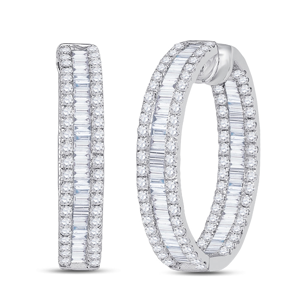 14kt White Gold Womens Baguette Round Diamond Inside Outside Hoop Earrings 3-1/3 Cttw
