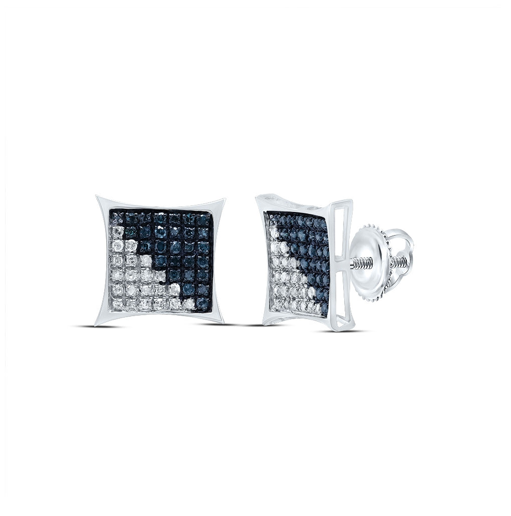 10kt White Gold Mens Round Blue Color Enhanced Diamond Square Kite Cluster Earrings 1/3 Cttw