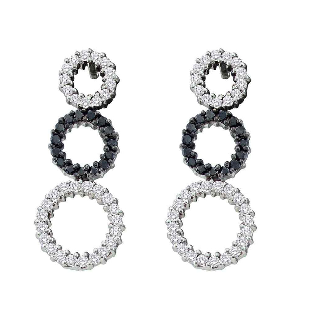 14kt White Gold Womens Round Black Color Enhanced Diamond Triple Circle Earrings 3/4 Cttw