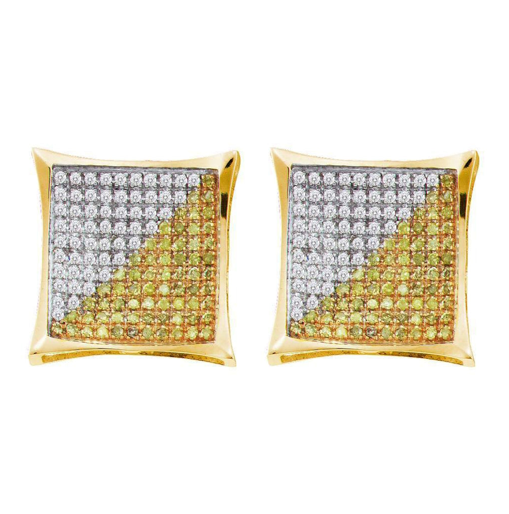 10K Yellow Gold Round Color Enhanced Diamond Square Kite Cluster Earrings 1/6 Cttw