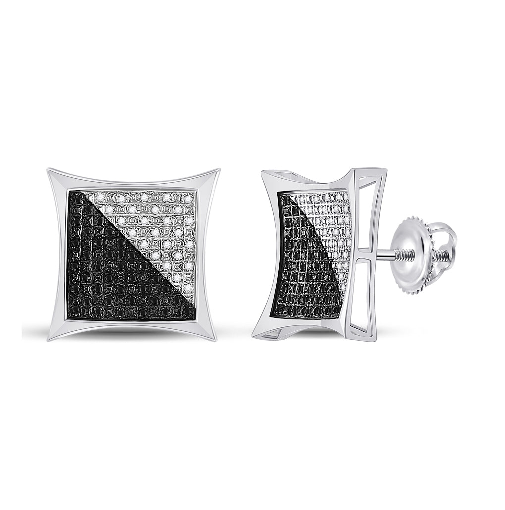 Sterling Silver Mens Round Black Color Enhanced Diamond Square Earrings 1/3 Cttw