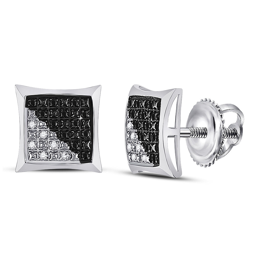 Sterling Silver Mens Round Black Color Enhanced Diamond Square Earrings 1/8 Cttw