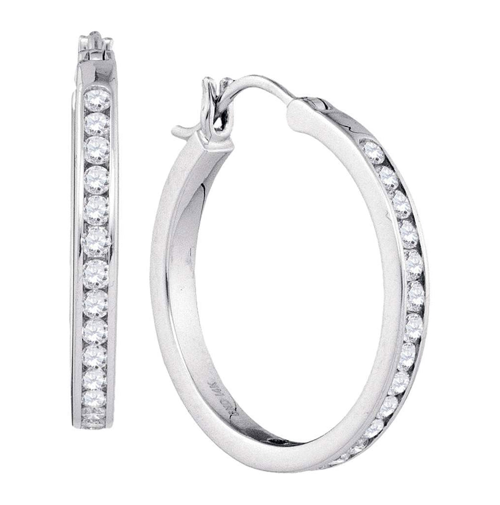 14kt White Gold Womens Round Diamond Hoop Snap-down Post Earrings 1.00 Cttw
