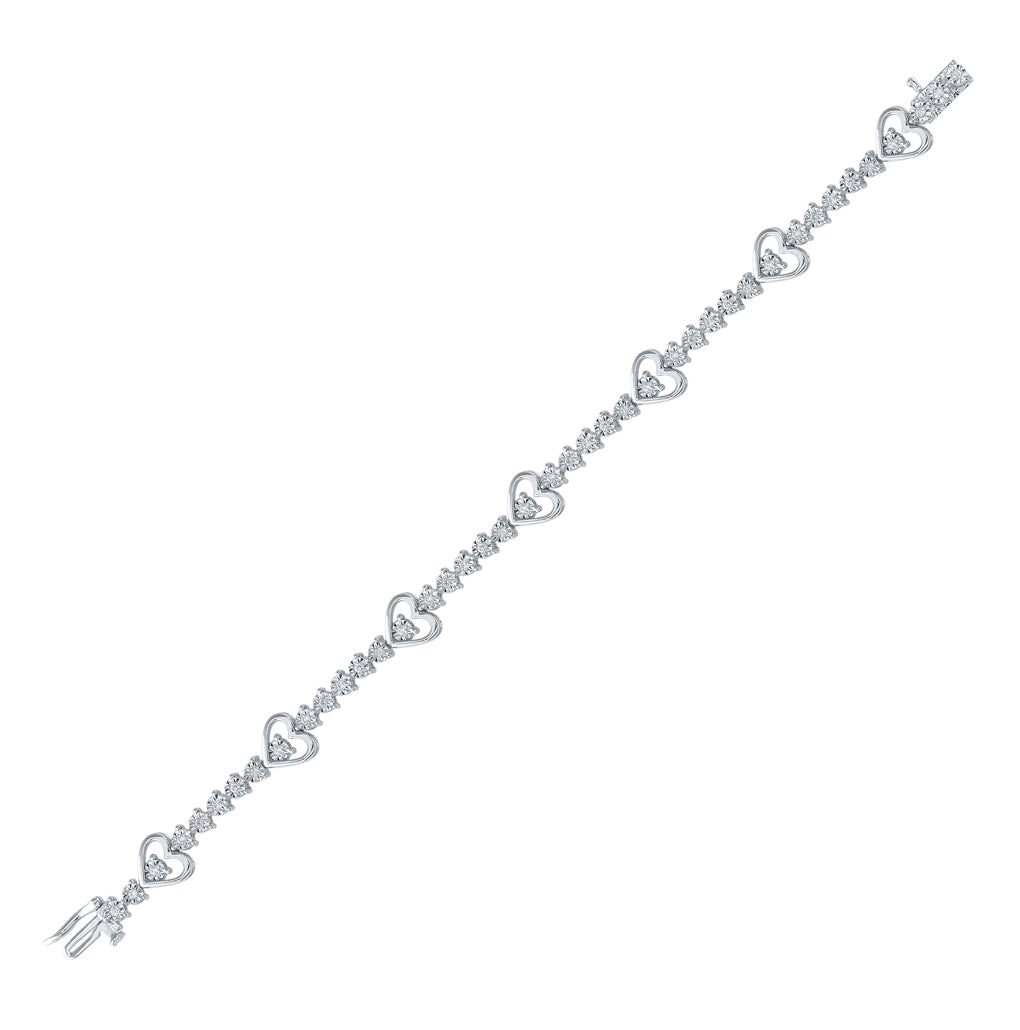 Sterling Silver Womens Round Diamond Heart Tennis Bracelet 1/2 Cttw