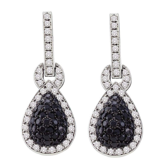 10kt White Gold Womens Round Black Color Enhanced Diamond Teardrop Dangle Earrings 1-3/4 Cttw