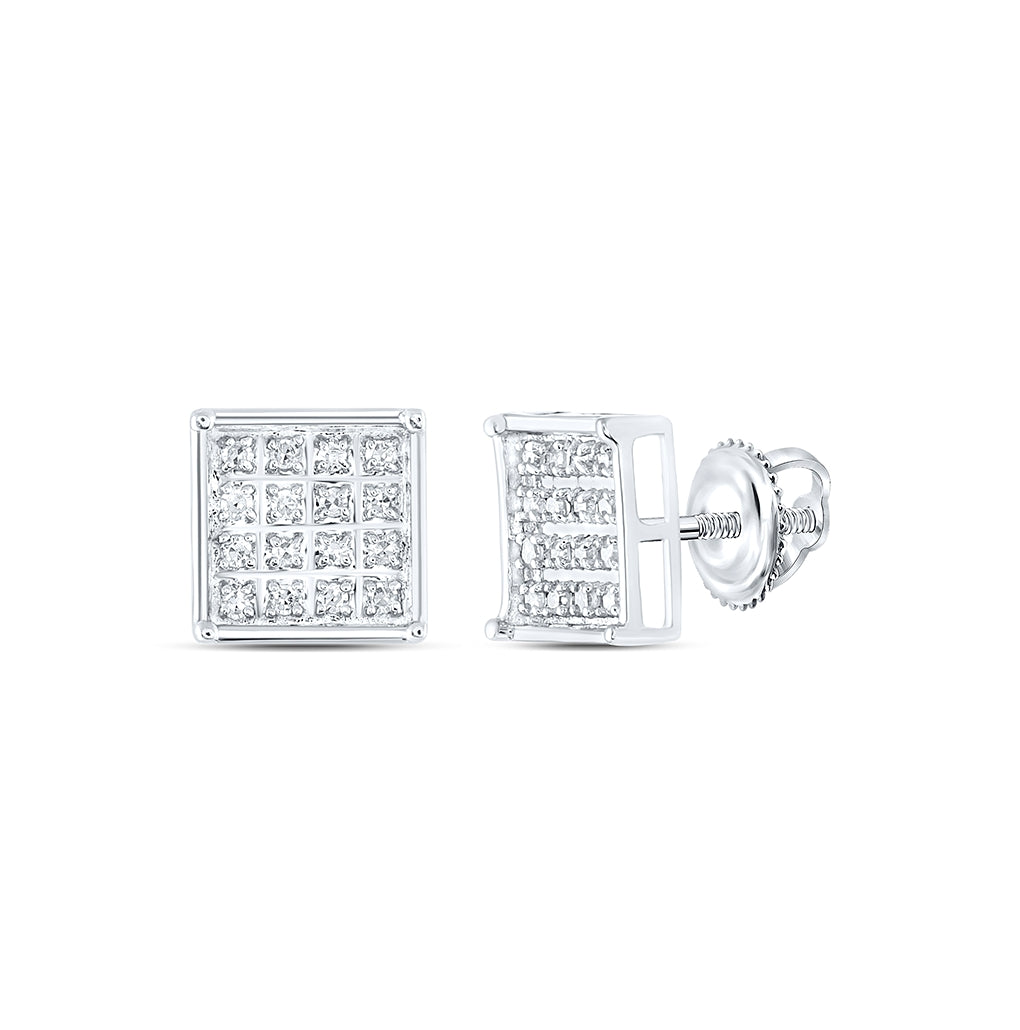 Sterling Silver Or Yellow-tone Sterling Silver Womens Round Diamond Square Cluster Earrings
