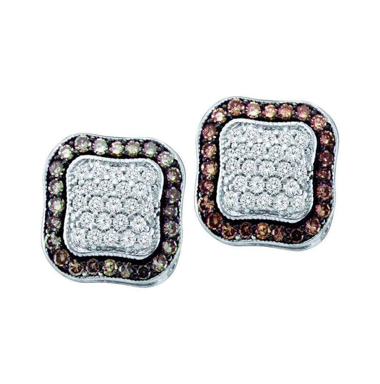10kt White Gold Womens Round Brown Diamond Square Cluster Earrings 1.00 Cttw
