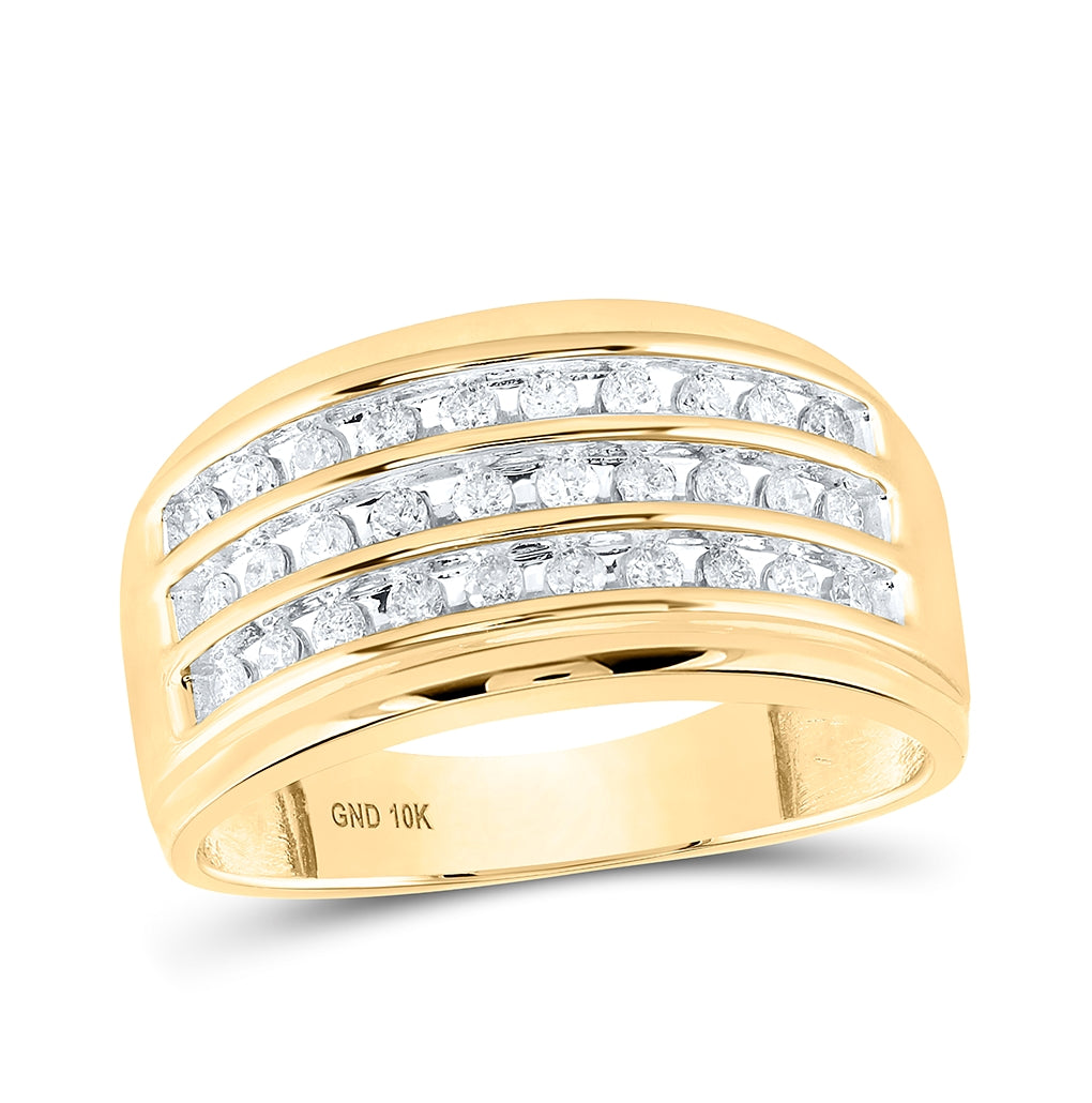 10K Yellow Gold Mens Round Diamond Triple Row Band Ring 1/2ctw, Mens Size: 7-13
