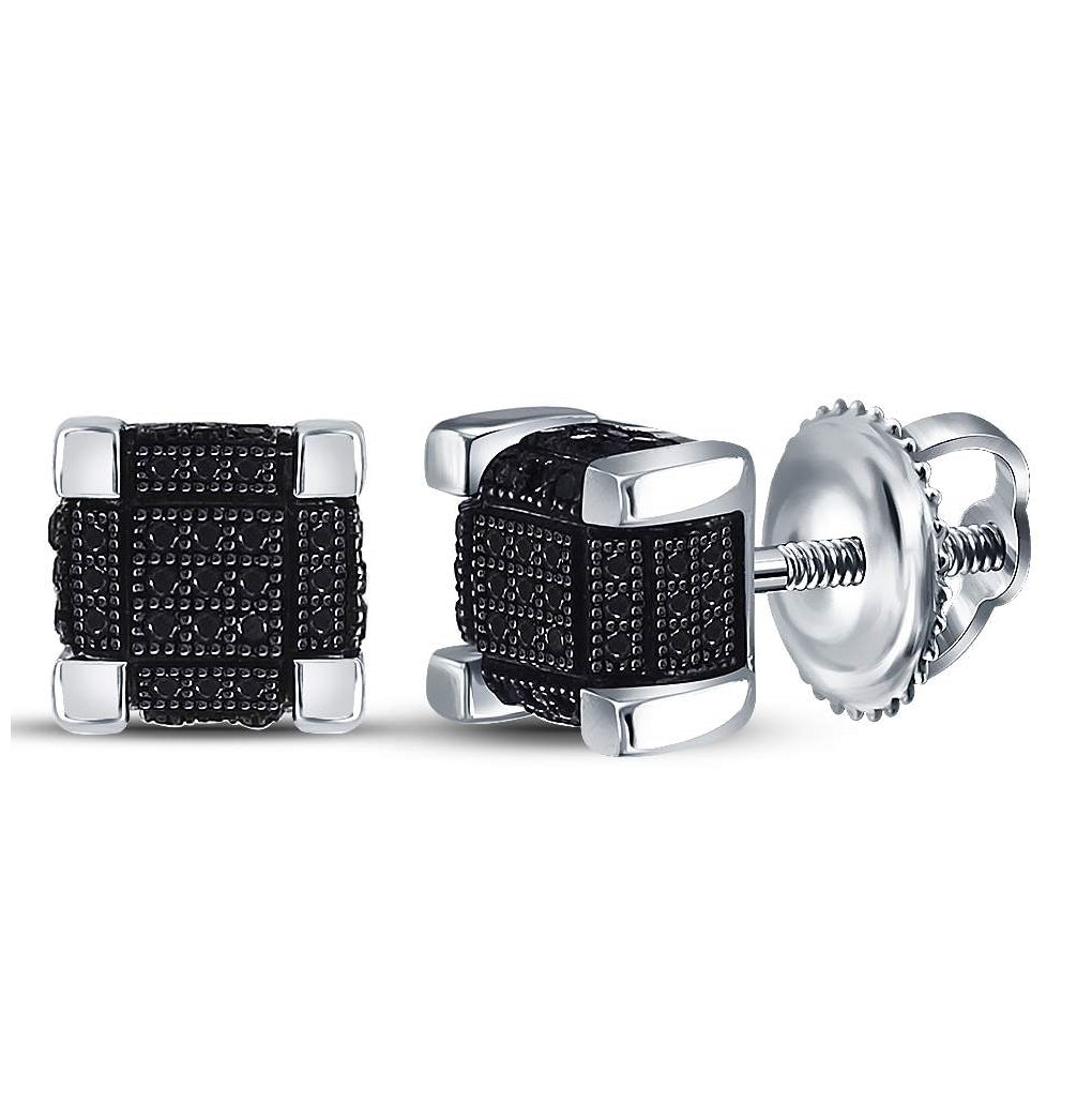 Sterling Silver Mens Round Color Enhanced Black Diamond 3d Cube Stud Earrings 1/3 Cttw