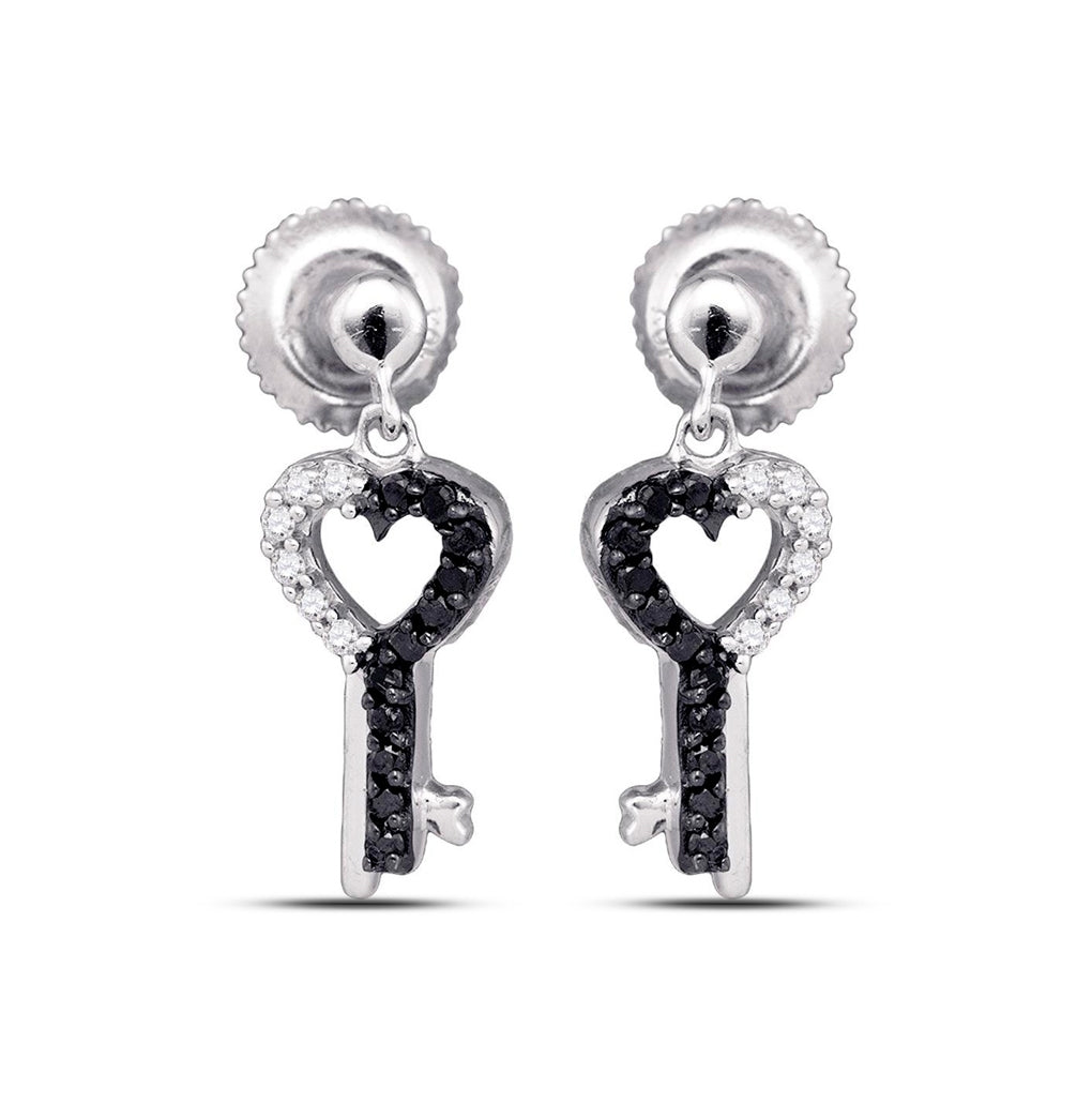 10K White Gold Womens Round Black Color Enhanced Diamond Key Heart Dangle Earrings 1/6 Cttw, Length: 0.67 In, Width: 0.2 In