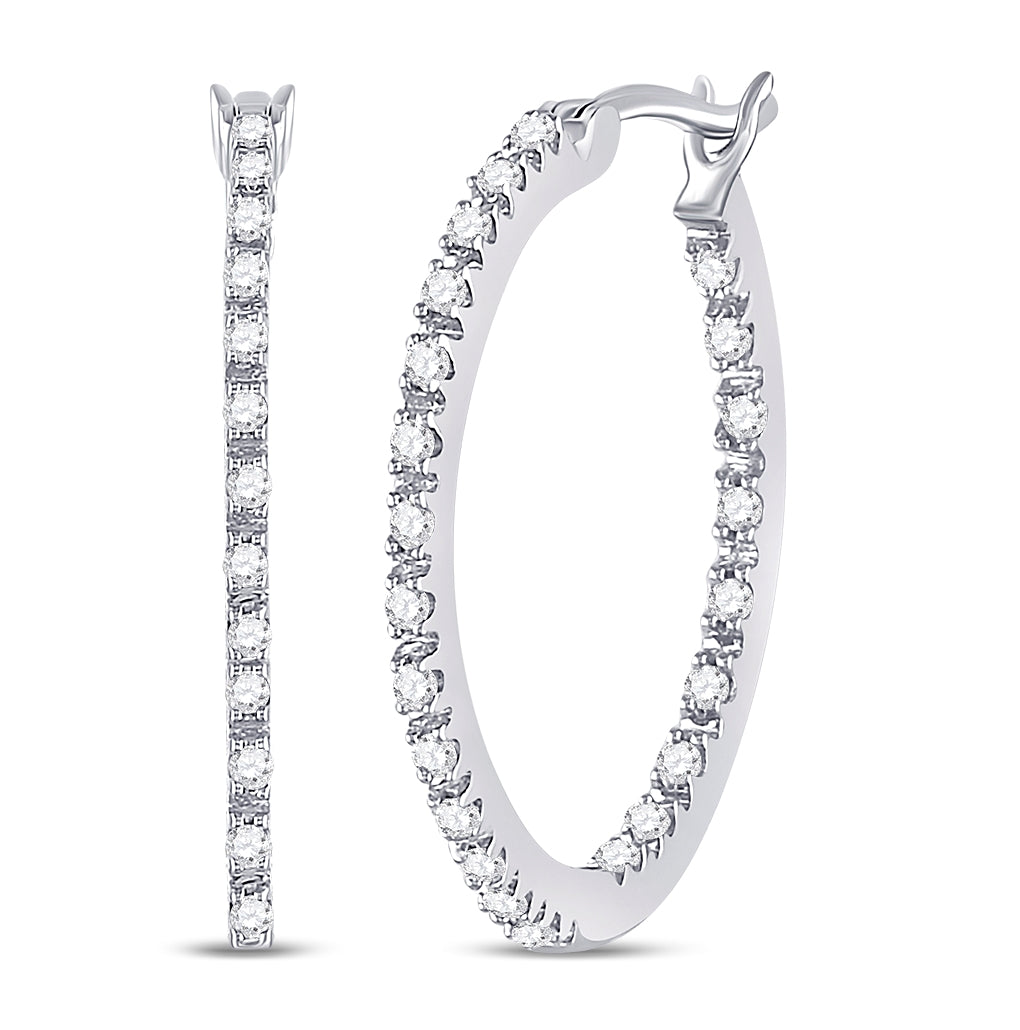 10K White Gold Womens Round Diamond Slender Single Row Hoop Earrings 1/4 Cttw