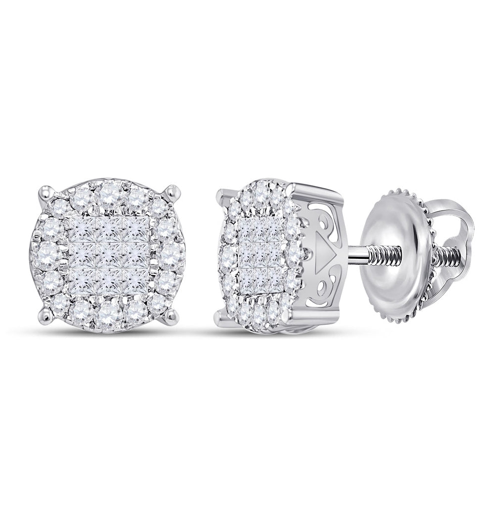 14K White Gold Womens Princess Diamond Cluster Earrings 1/2ctw