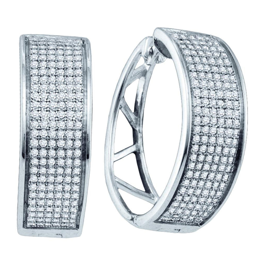 Sterling Silver Womens Round Diamond Hoop Earrings 7/8 Cttw