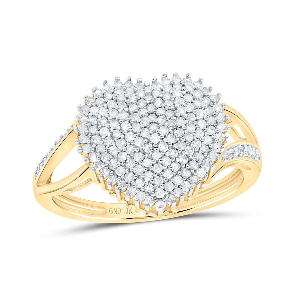 10K Yellow Gold Womens Round Diamond Heart Cluster Ring 1/2ctw, Womens Size: 5-10