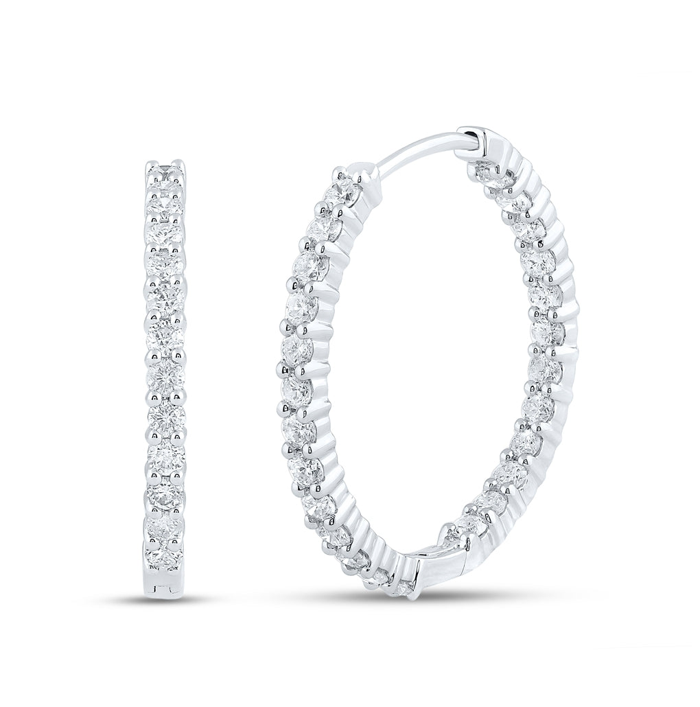14K White Gold Women's Round Diamond Inside Outside Hoop Earrings 3ctw