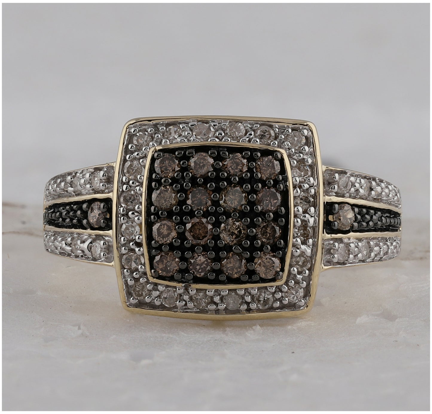 10K Yellow Gold Womens Round Brown Diamond Square Cluster Ring 1/2 Cttw, Womens Size: 5-10