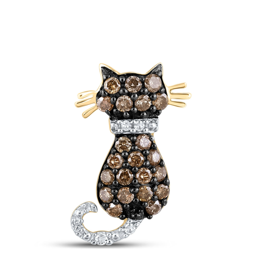 10k Yellow Gold Brown Diamond Kitty Cat Womens Pendant 1/3 Cttw