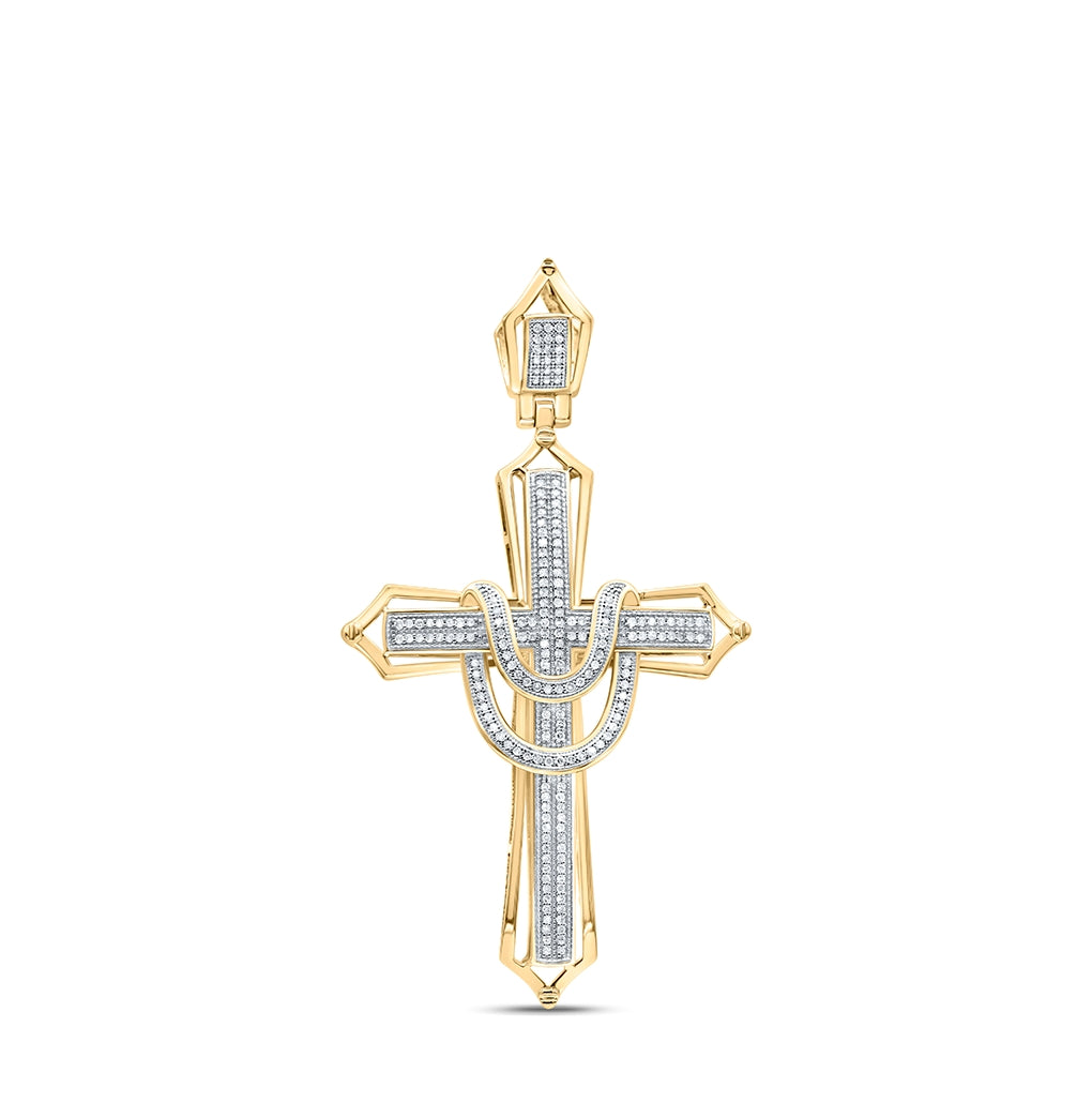 10K Yellow Gold Mens Round Diamond Cross Charm Pendant 1/2 Cttw, Length: 2.79 In, Width: 1.55 In