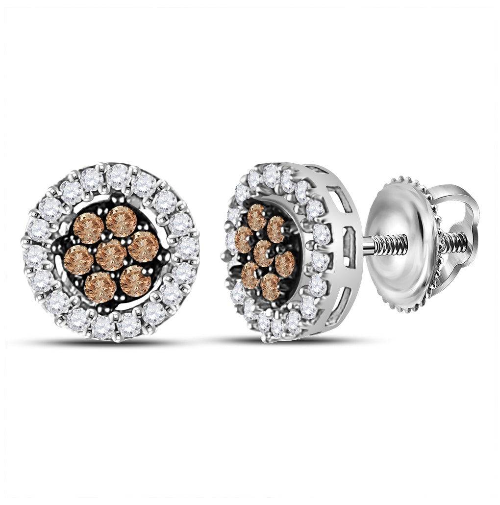 10K White Or Yellow Gold Womens Brown Diamond Flower Cluster Stud Earrings