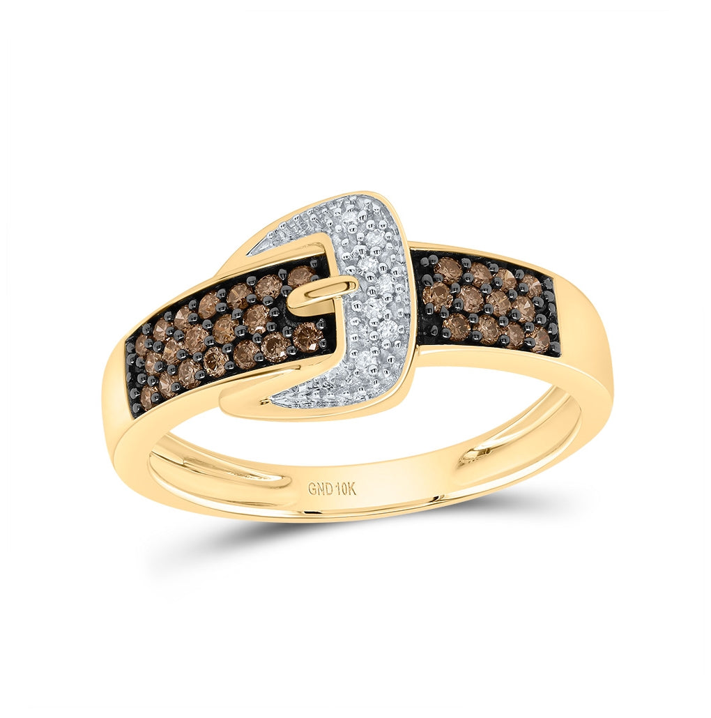 10K Yellow Gold Womens Round Brown Diamond Belt Buckle Band Ring 1/4 Cttw, Womens Size: 5-10