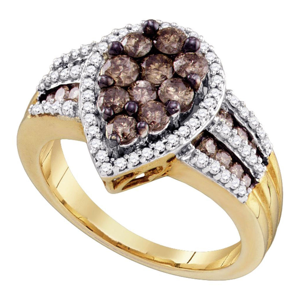 10kt Yellow Gold Womens Round Brown Diamond Teardrop Cluster Ring 1-1/2 Cttw