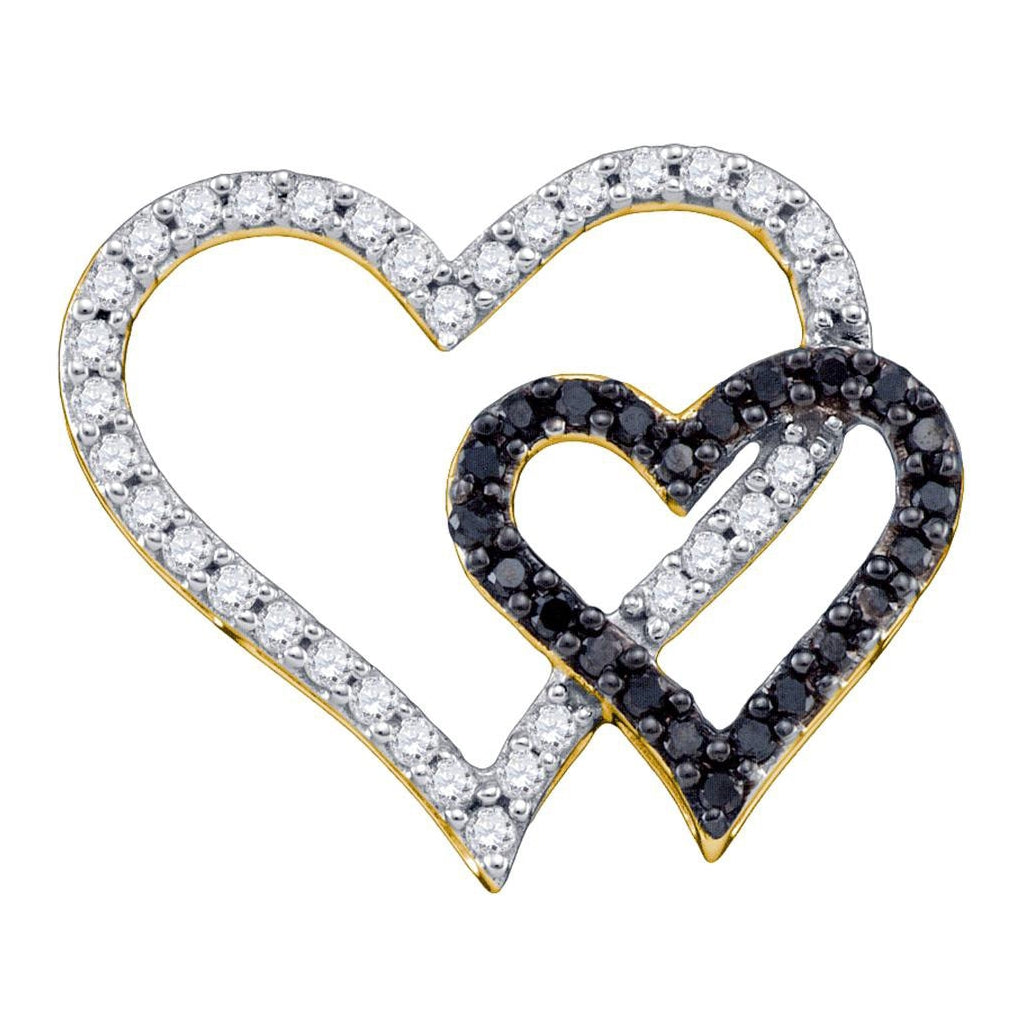 10kt Yellow Gold Womens Round Black Color Enhanced Diamond Double Heart Pendant 1/2 Cttw