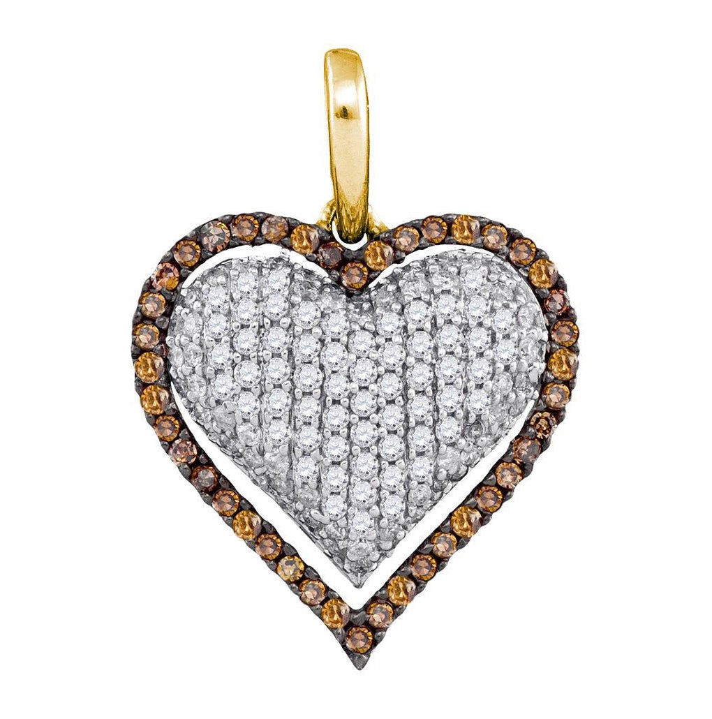 10kt Yellow Gold Womens Round Brown Diamond Outline Heart Cluster Pendant 7/8 Cttw