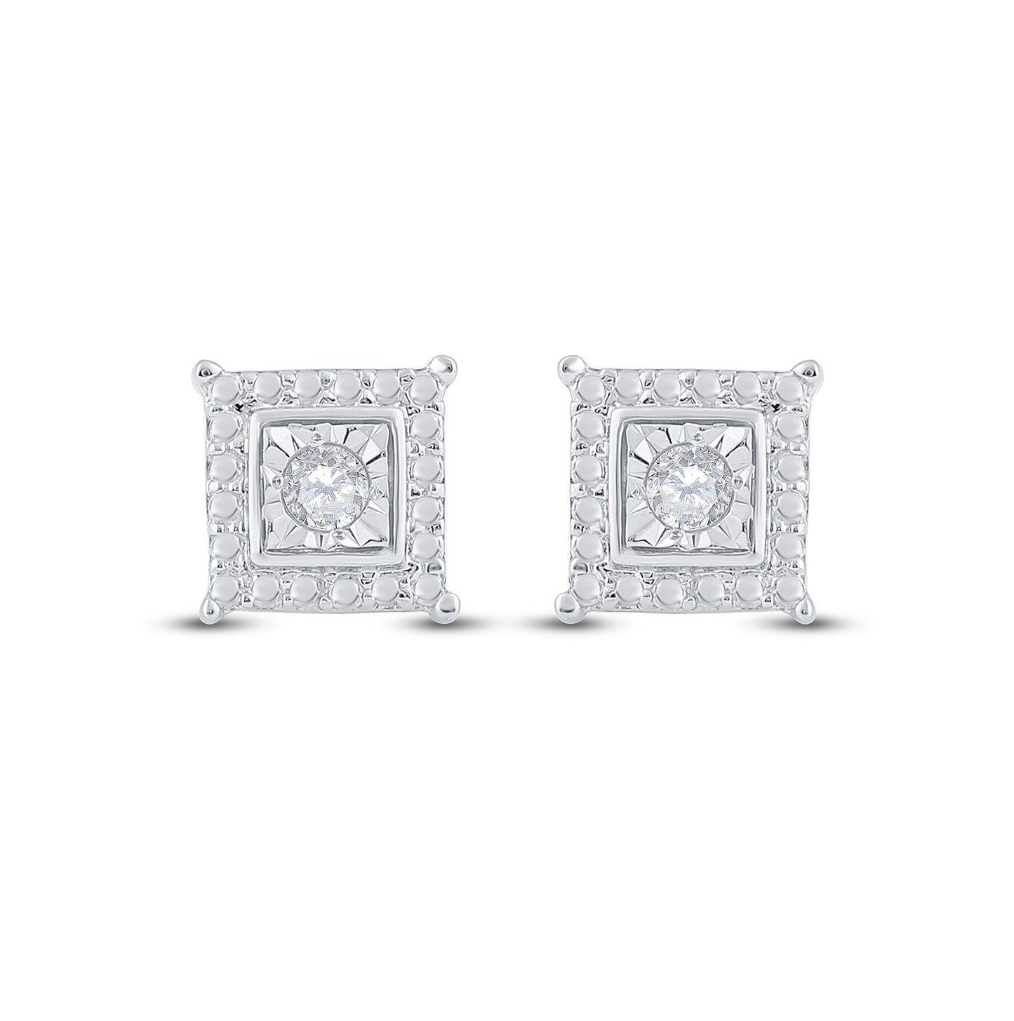 Sterling Silver Womens Round Diamond Solitaire Square Stud Earrings 1/10ctw