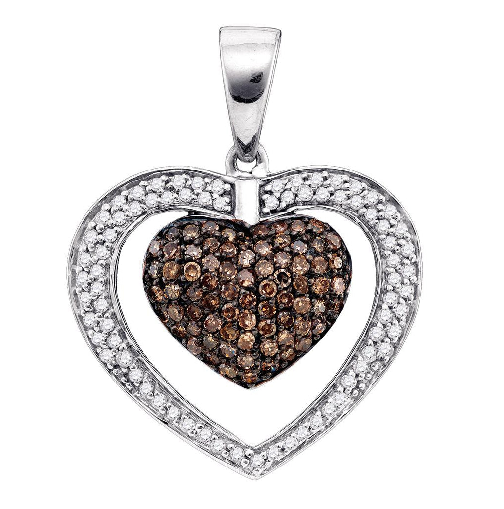 10K Yellow Or White Gold Womens Round Brown Diamond Double Heart Cluster Pendant 1.00 Cttw