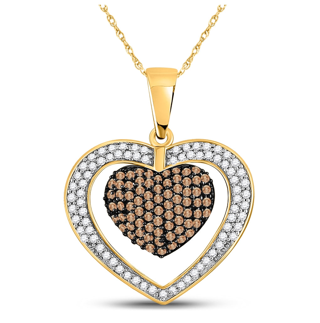 10K Yellow Or White Gold Womens Round Brown Diamond Double Heart Cluster Pendant 1.00 Cttw