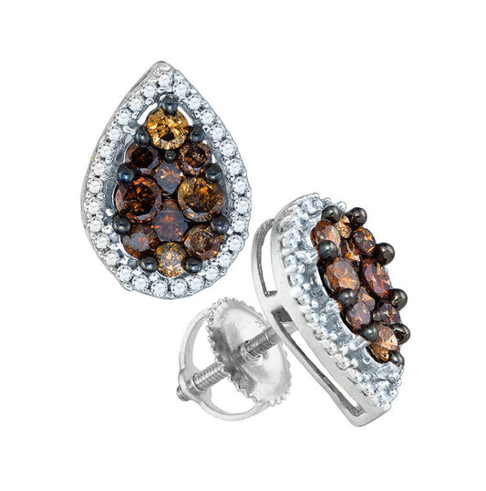 10kt White Gold Womens Round Brown Diamond Teardrop Cluster Earrings 1.00 Cttw