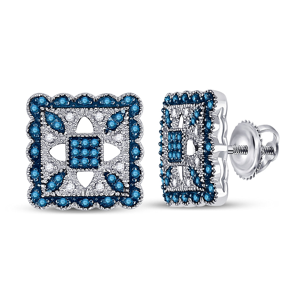 10kt White Gold Womens Round Blue Color Enhanced Diamond Square Cluster Earrings 1/4 Cttw